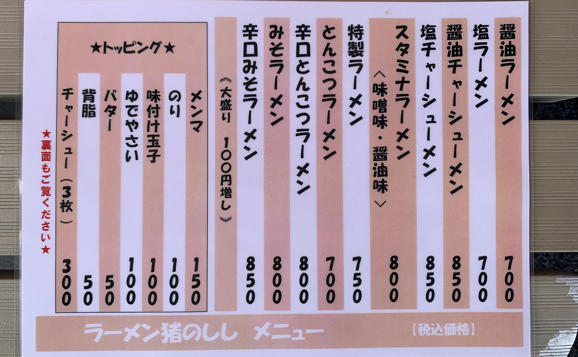 三島 ラーメン「いのしし」(Inoshishi) メニュー
